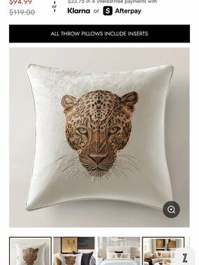 Z Gallerie Cream Pillow (2) with Embroidered Golden Brown Leopard